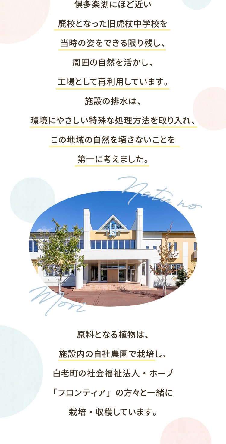 倶多楽湖にほど近い廃校となった旧虎杖中学校を当時の姿をできる限り残し、周囲の自然を活かし、工場として再利用しています。