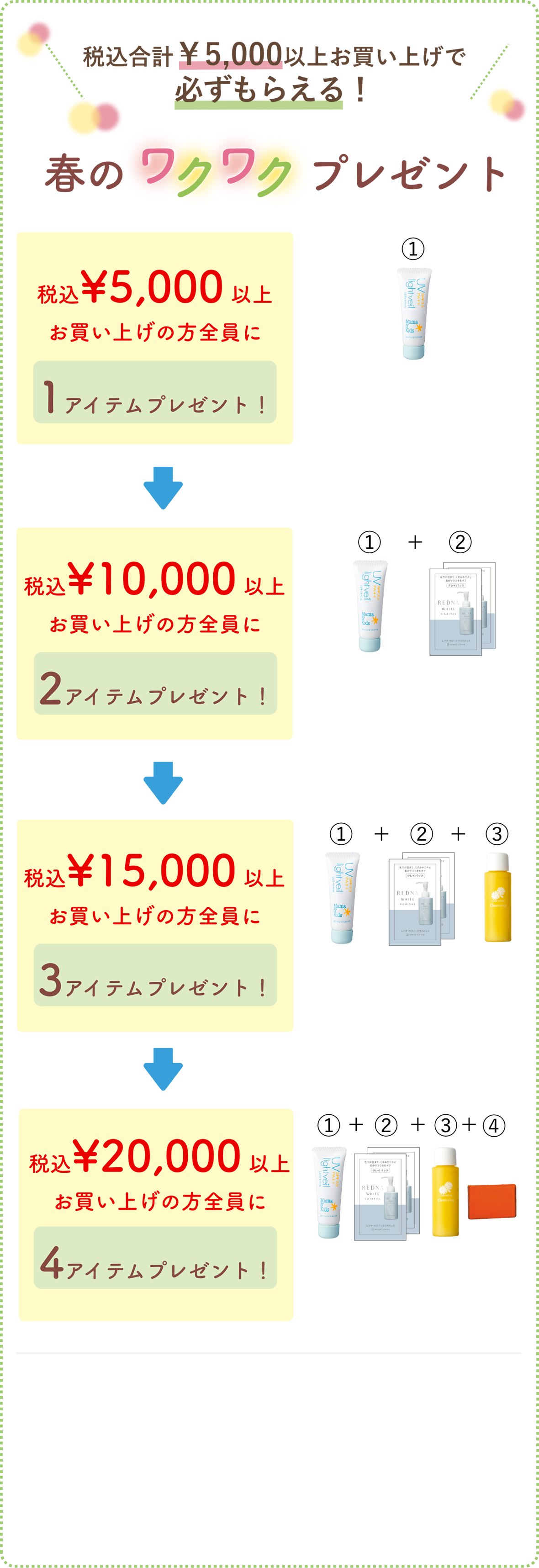 税込合計￥5,000以上お買い上げで必ずもらえる！秋のワクワクプレゼント！税込¥5,000 以上お買い上げの方全員に1アイテムプレゼント！税込¥10,000 以上お買い上げの方全員に2アイテムプレゼント！税込¥15,000 以上お買い上げの方全員に3アイテムプレゼント！税込¥20,000 以上お買い上げの方全員に4アイテムプレゼント！