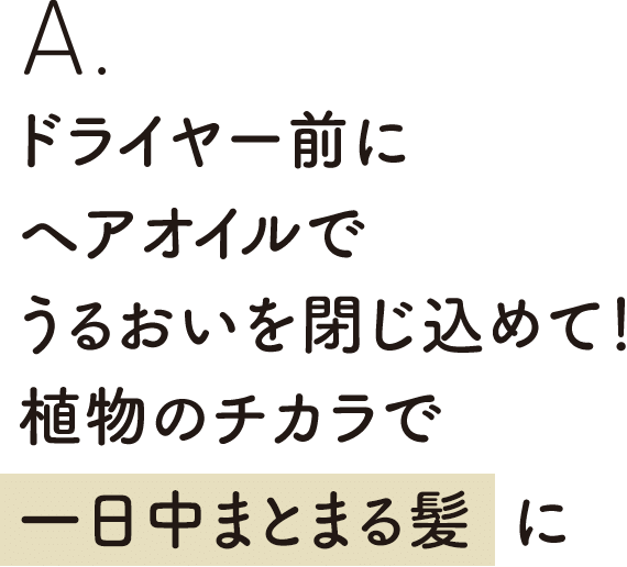 ドライヤー前にヘアオイルでうるおいを閉じ込めて！植物のチカラで一日中まとまる髪に