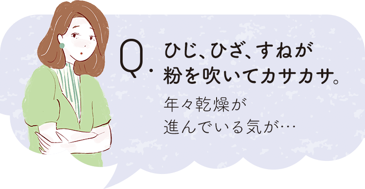 ひじ、ひざ、すねが粉を吹いてカサカサ。年々乾燥が進んでいる気が…