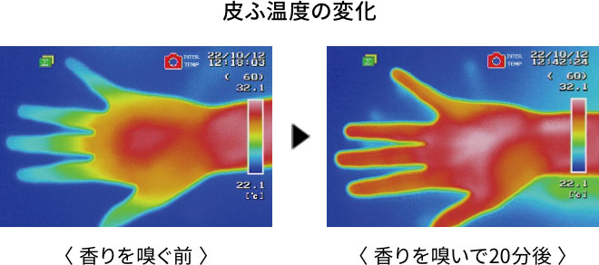 製品の香りを嗅ぐことで皮ふ温度が上昇したことを示すサーモ画像の比較