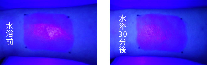 森の肌守り。UVを塗った腕を海水に浸けても、白く残っている耐水性テストの様子