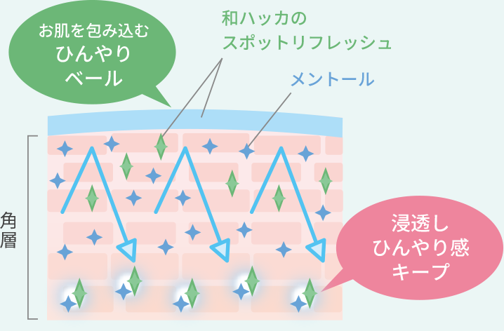 ロングキープ処方により冷感が持続する仕組みを示す図。肌の表面に薄い膜を形成し、メントールをとどめてひんやり感が持続するイメージ