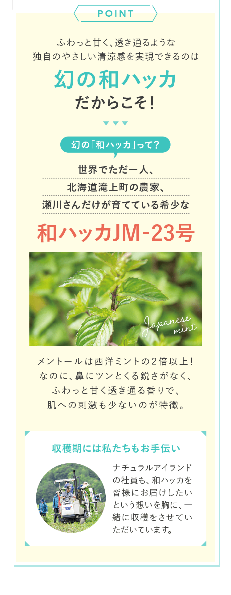 ふわっと甘く、透き通るような独自のやさしい清涼感を実現できるのは幻の和ハッカだからこそ！